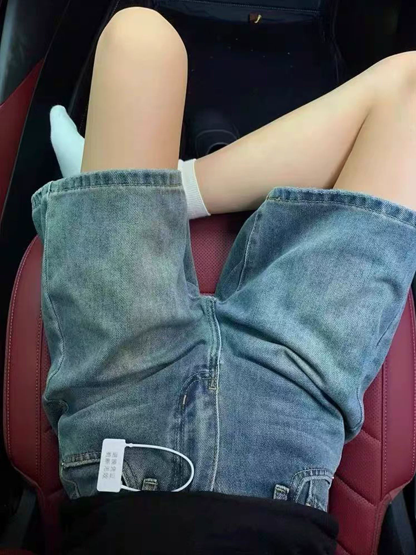 Quần short denim kiểu Mỹ dành cho nữ, mùa hè, cỡ lớn, lưng cao, giảm béo, ống thẳng, dáng quả lê, quần ống rộng dài vừa phải.