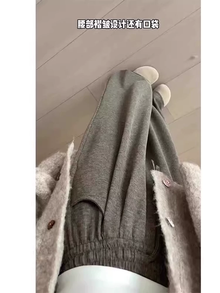 Quần gạo nếp màu nâu dành cho nữ, mùa thu đông, cỡ lớn, lót lông cừu, dày dặn, kiểu dáng lười biếng, lưng cao, dáng rộng, dáng rộng, quần ống rộng thông thường.