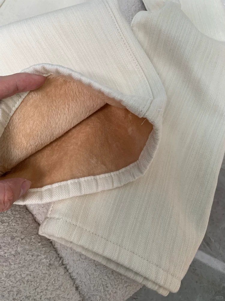 Quần jean ống rộng màu mơ nhạt dành cho nữ, mùa thu đông, cỡ lớn, lót lông cừu, dày dặn, cạp cao, dáng rộng, thon gọn, ống thẳng, quần dài chạm sàn.