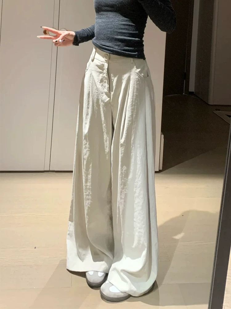 Quần ống rộng màu trắng dành cho nữ, cỡ lớn mùa hè, lưng cao, dáng rộng, thon gọn, dáng quả lê, ống thẳng, quần dài chạm sàn