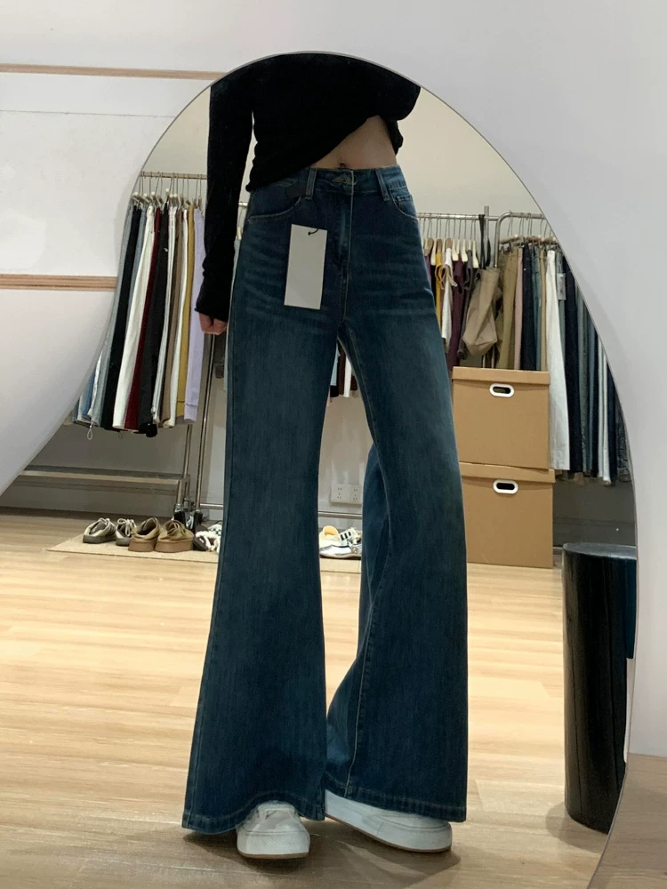 Quần jeans ống loe kiểu Mỹ cổ điển dành cho nữ, thu đông 2025, size lớn, cạp cao, co giãn, tôn dáng