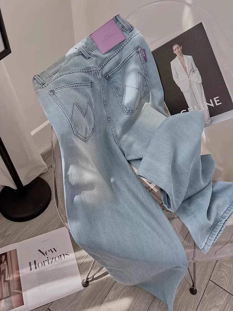 Quần jean dáng thẳng Tencel dáng quả lê dành cho nữ, size lớn mùa hè, cạp cao, dáng suôn, rộng rãi, tôn dáng, quần ống rộng chất liệu lụa đá mát lạnh