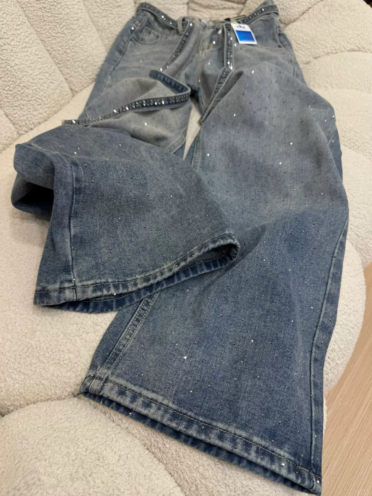 Quần jean Tencel đính đá cho nữ, size lớn, cạp cao, dáng rộng, mềm mại, tôn dáng, dành cho người có thân hình quả lê, quần ống rộng chất liệu lụa đá