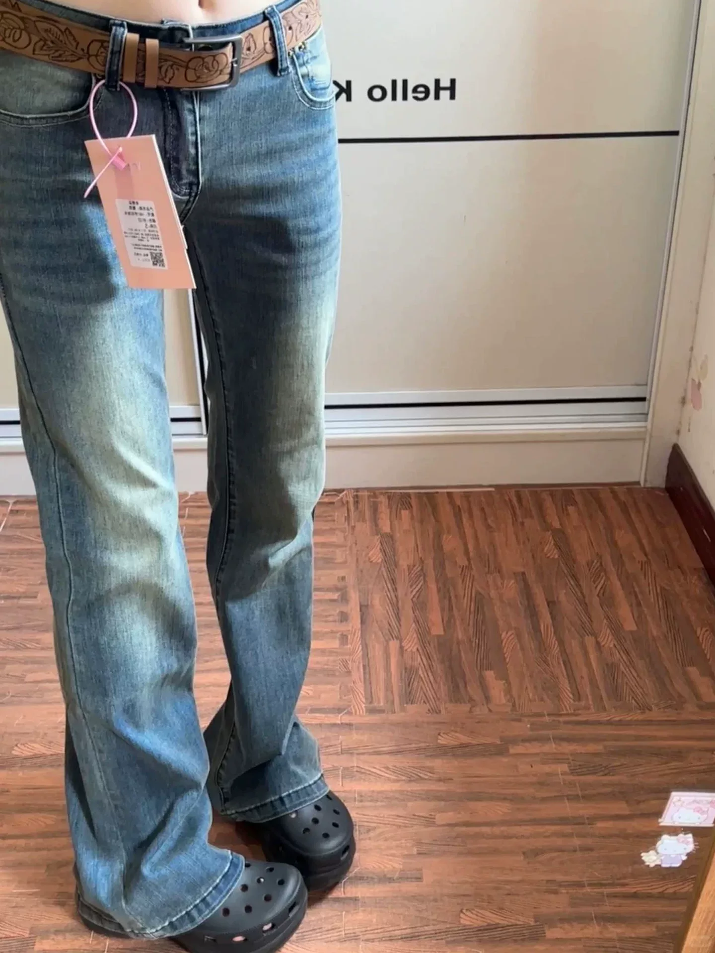 Quần jean ống loe dáng thẳng cổ điển dành cho nữ, đầu thu, size lớn, cạp cao, co giãn, che hông, dáng nhỏ nhắn, tôn dáng, quần ống loe