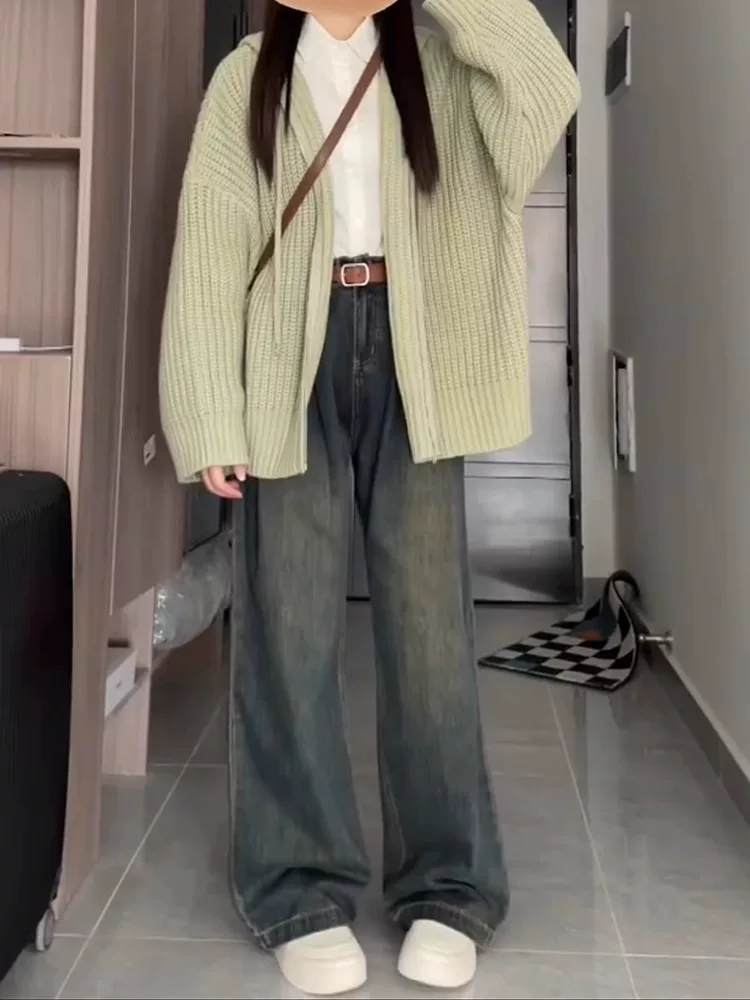 Quần jean ống thẳng màu xám xi măng cho nữ, phong cách mới đầu thu, cỡ lớn, lưng cao, dáng rộng, quần ống rộng hình quả lê