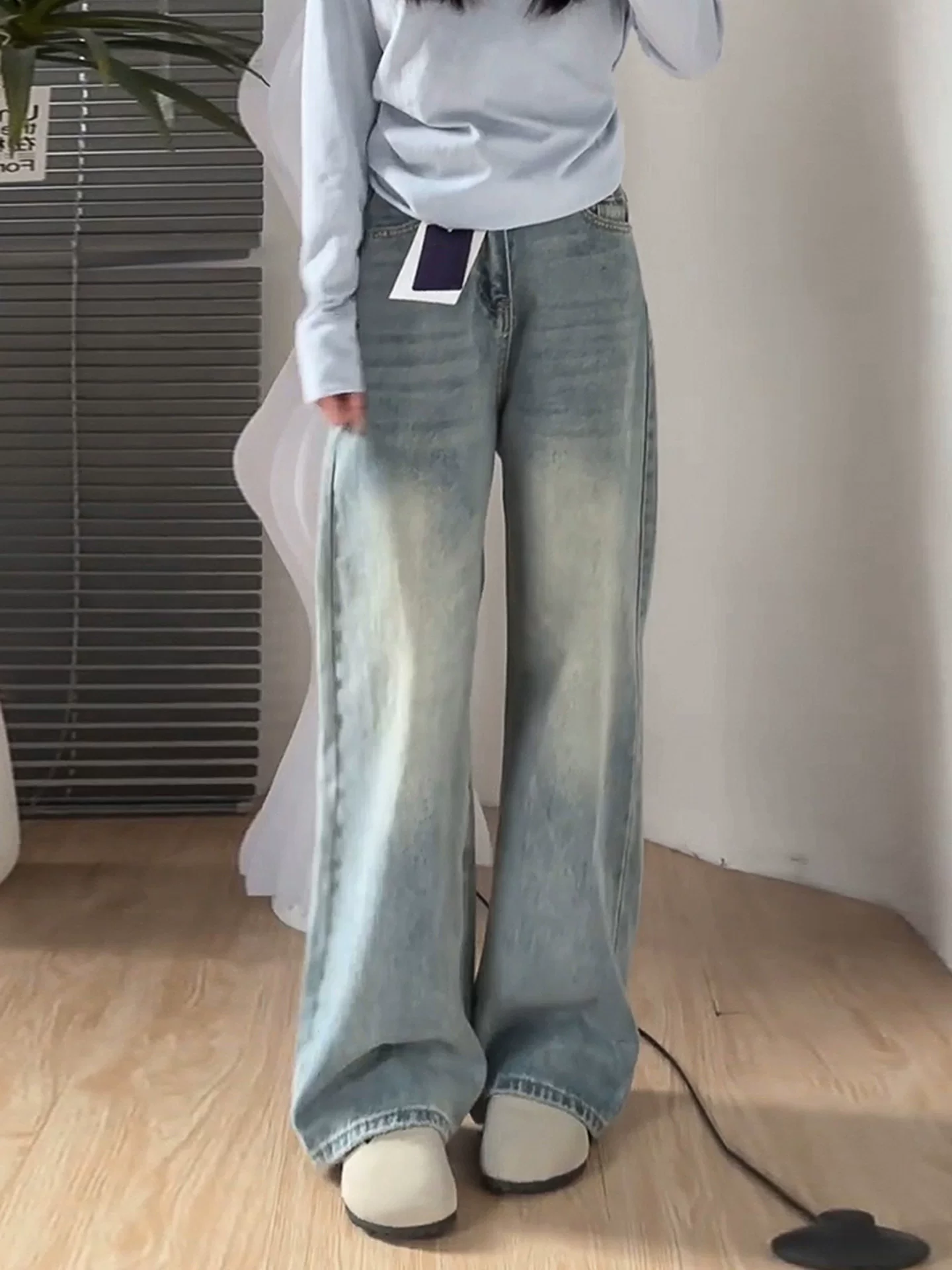 Quần jean ống rộng màu sáng cho nữ, mùa thu, cỡ lớn, lưng cao, dáng rộng, thon gọn, dáng quả lê, ống thẳng, quần dài chạm sàn