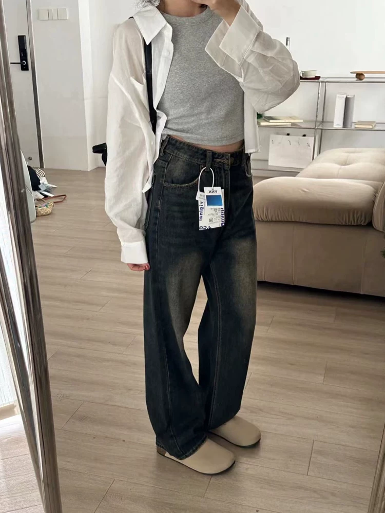 Quần jean xanh cổ điển dành cho nữ, phong cách mùa thu mới, cỡ lớn, lưng cao, dáng rộng, thon gọn, dáng quả lê, quần ống rộng thẳng