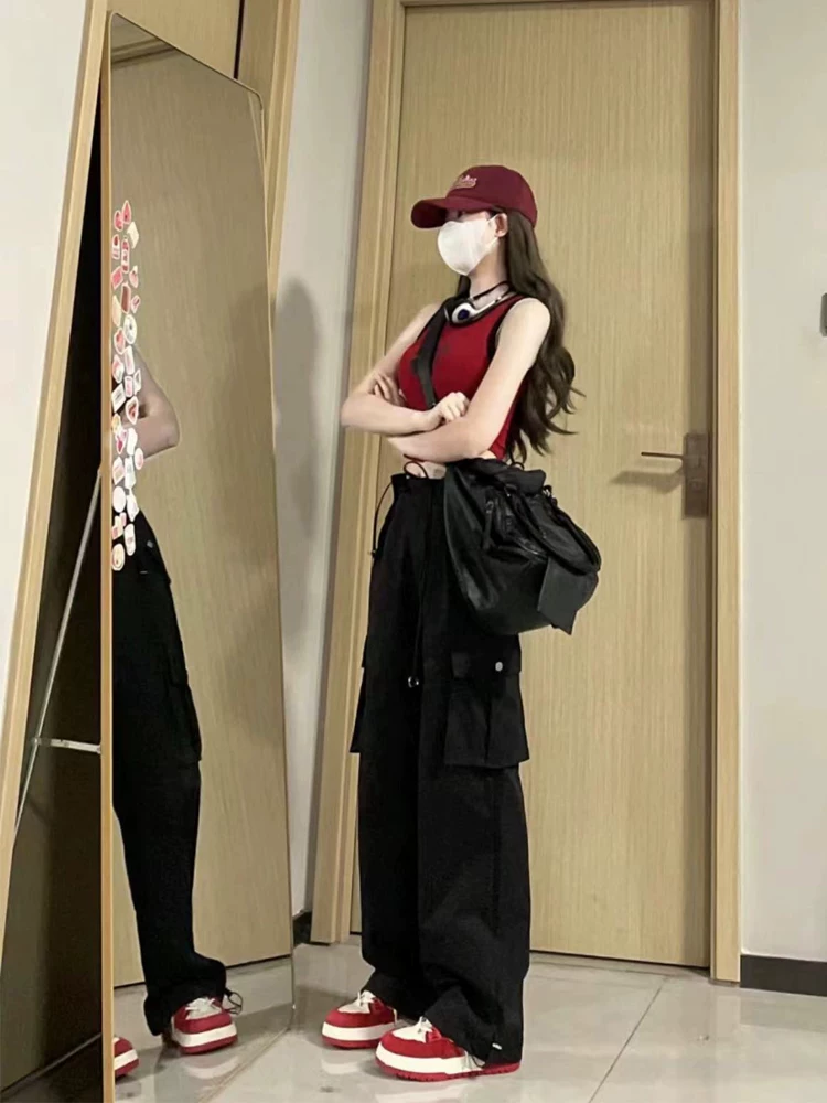 Quần cargo ống thẳng màu đen dáng quả lê dành cho nữ, size lớn mùa thu, cạp cao, dáng rộng, tôn dáng, quần ống rộng thường ngày