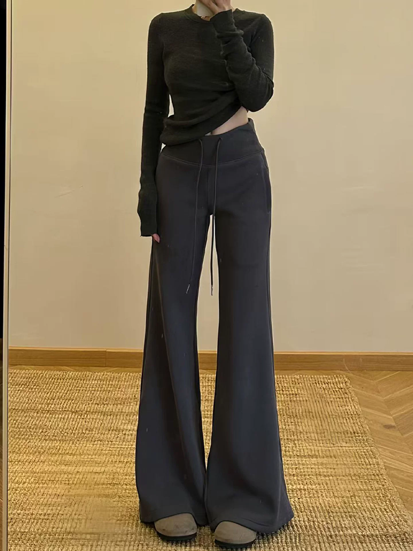 Quần ống loe lưng cao màu cà phê Melard lulu dành cho nữ, mùa thu đông, cỡ lớn, dáng suôn, quần ống loe