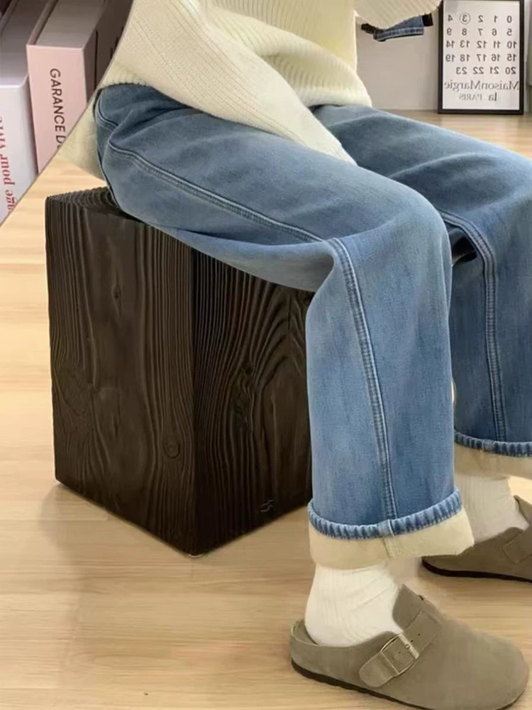 Quần jean ống thẳng màu sáng cho nữ, mùa thu đông, lót lông cừu, cỡ lớn, lưng cao, che hông, giảm béo, dáng quả lê, quần ống rộng