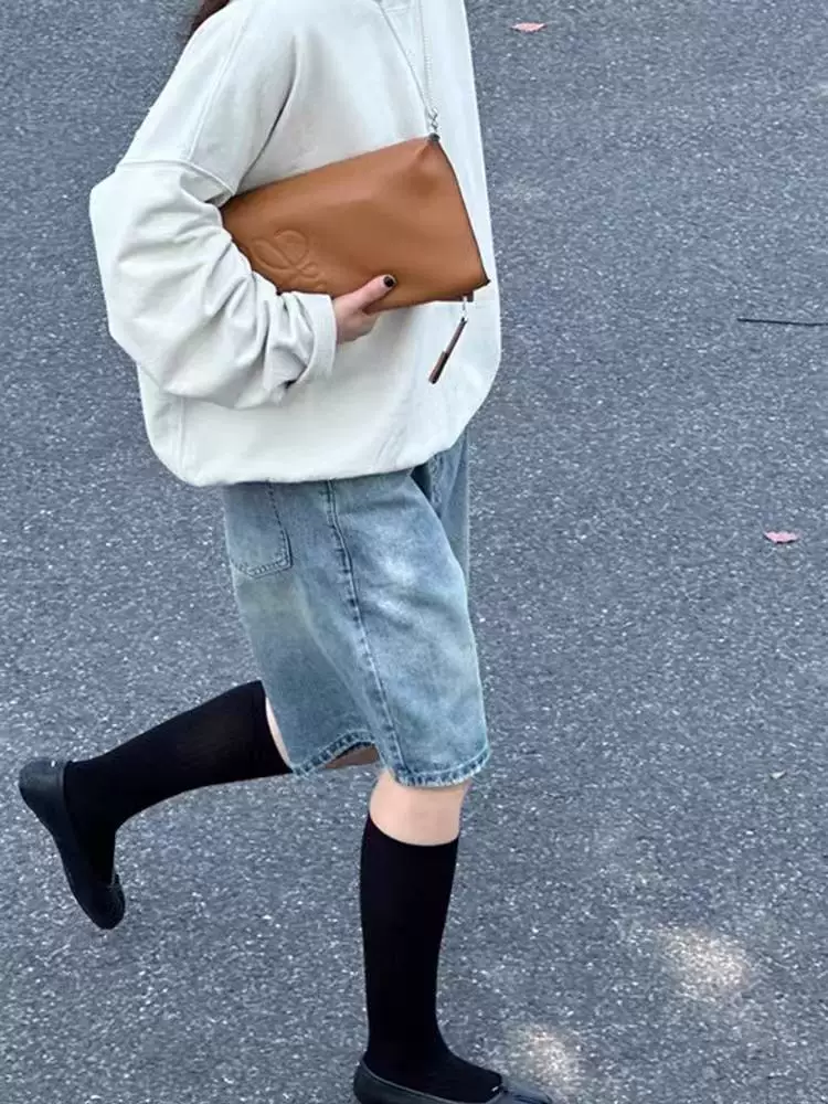 Quần short denim vintage nữ, hè 2025, size lớn, cạp cao, tôn dáng, dành cho người có dáng quả lê, quần short ống rộng dài ngang đùi