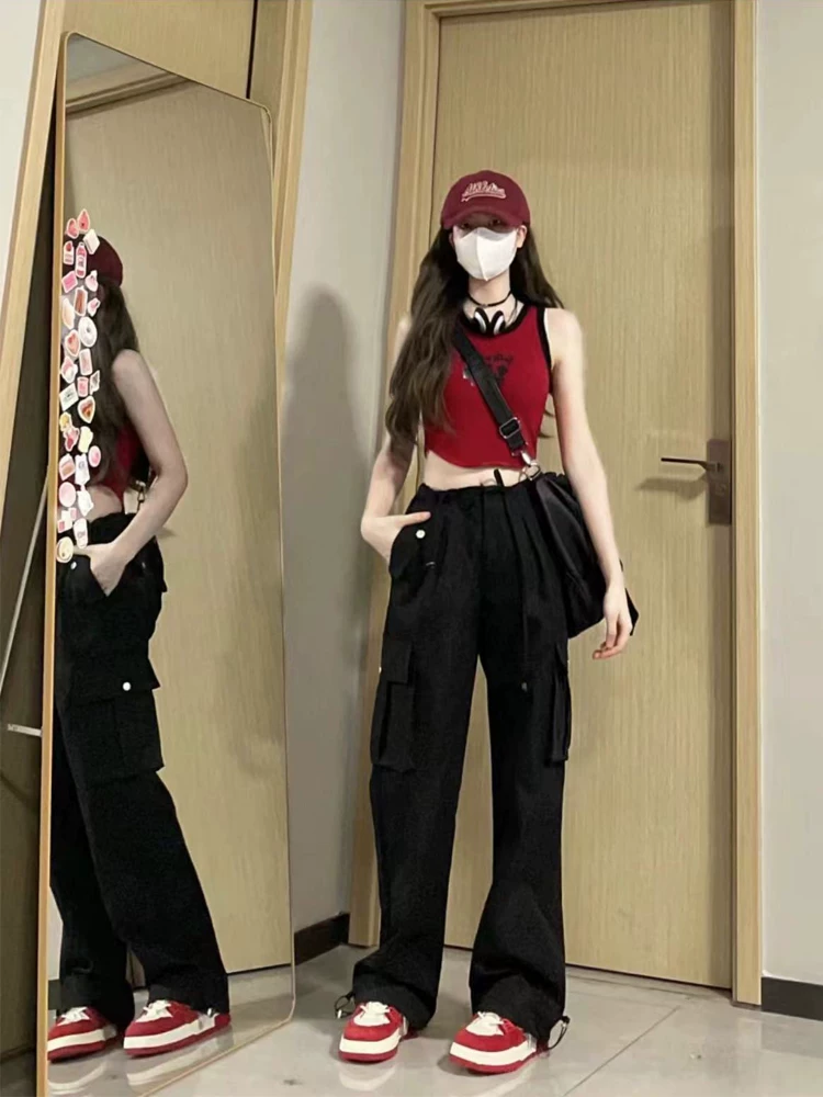 Quần cargo ống thẳng màu đen dáng quả lê dành cho nữ, size lớn mùa thu, cạp cao, dáng rộng, tôn dáng, quần ống rộng thường ngày