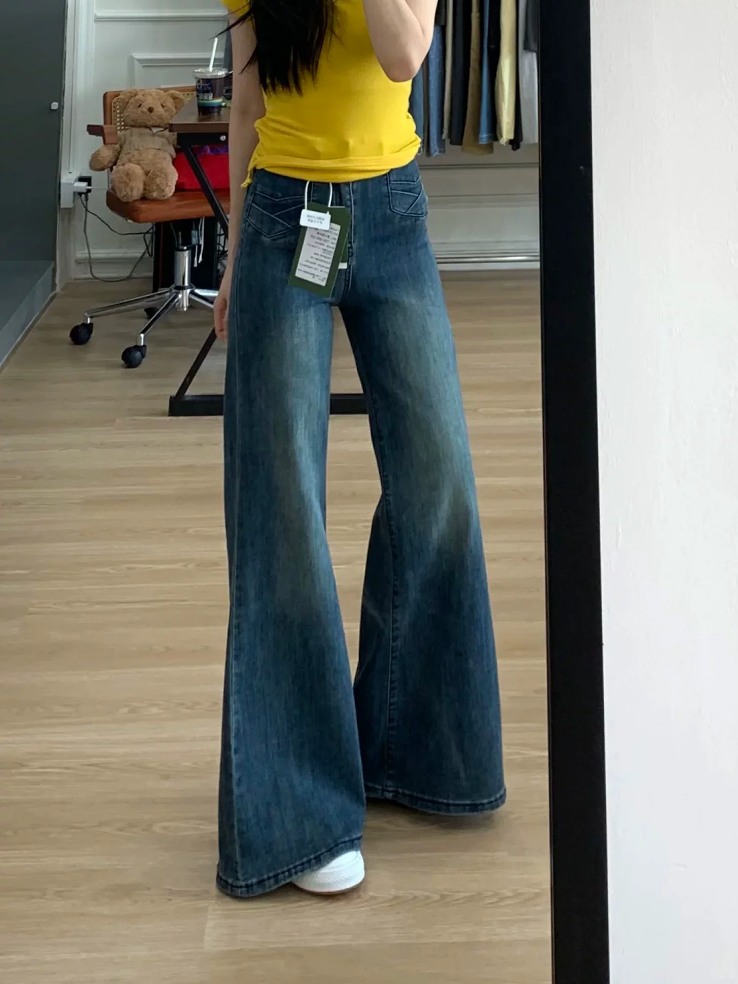 Quần jean dáng loe cổ điển dành cho nữ, mùa thu, size lớn, cạp cao, co giãn, mềm mại, che hông, quần ống chuông tôn dáng