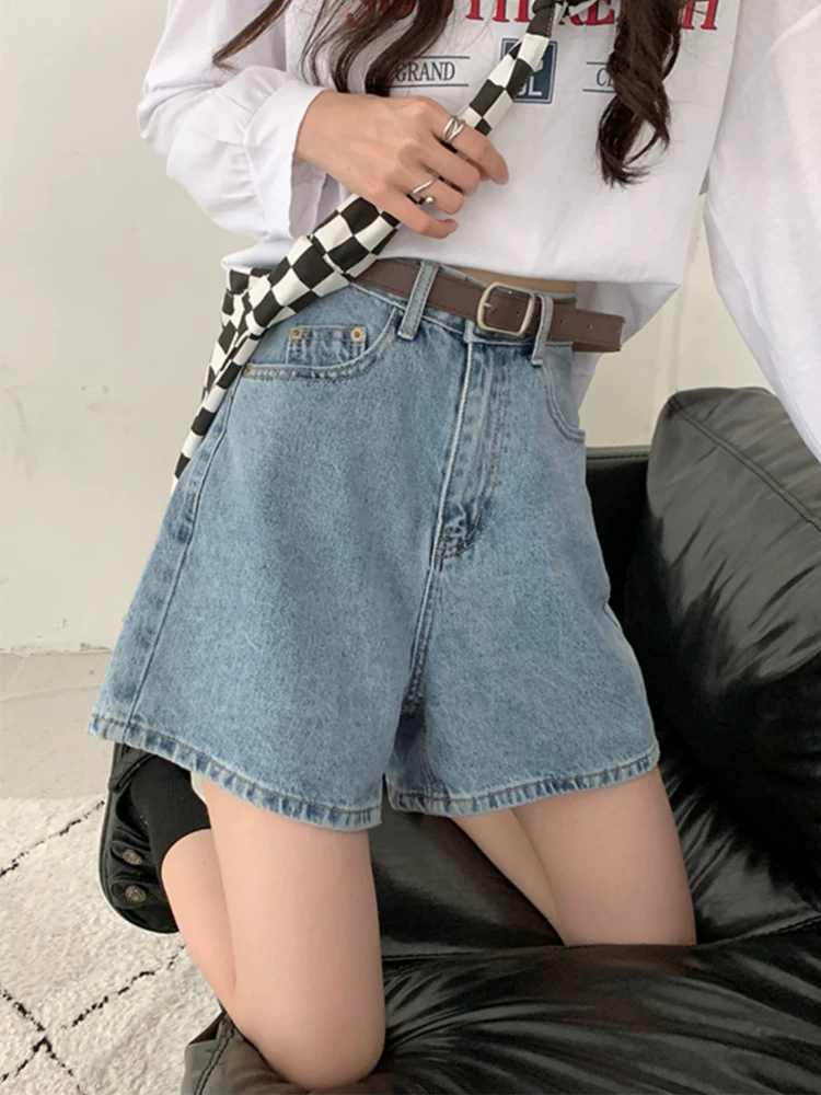 Quần short denim màu xanh nhạt hình quả lê dành cho nữ, quần ống rộng dáng chữ A cạp cao, dáng rộng, tôn dáng, mùa hè, size lớn