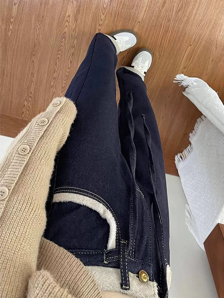 Quần jean ống đứng dày lót lông cừu dành cho nữ, cỡ lớn mùa đông, lưng cao, giảm béo, dáng rộng, dáng quả lê, quần ống rộng