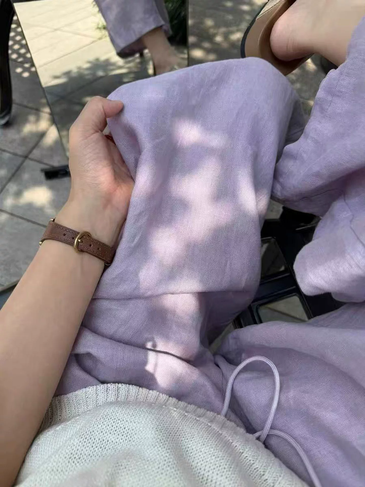 Quần vải lanh màu hồng tím dành cho nữ, kiểu dáng mỏng mùa hè 2025, cỡ lớn, lưng cao, che hông, tôn dáng, quần ống rộng thoải mái