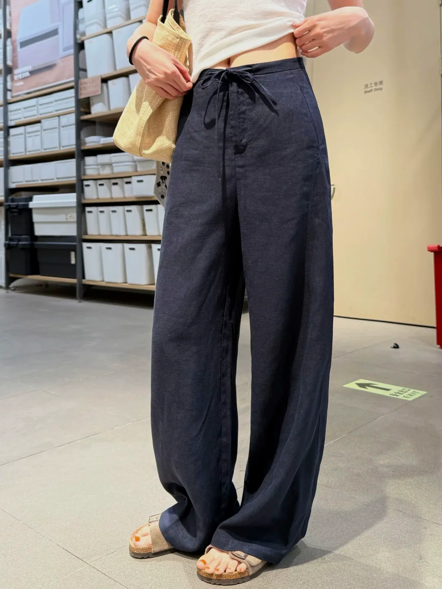 Quần ống rộng bằng vải cotton-linen màu xanh hải quân dành cho nữ, kiểu dáng mỏng mùa hè, cỡ lớn, lưng cao, vải lụa băng, dáng suôn, quần ống thẳng thông thường.