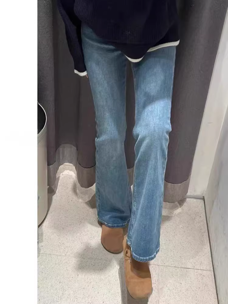 Quần jean xanh đậm dáng loe nữ, kiểu mới thu đông 2025, size lớn, cạp cao, co giãn, tôn dáng, quần ống chuông.