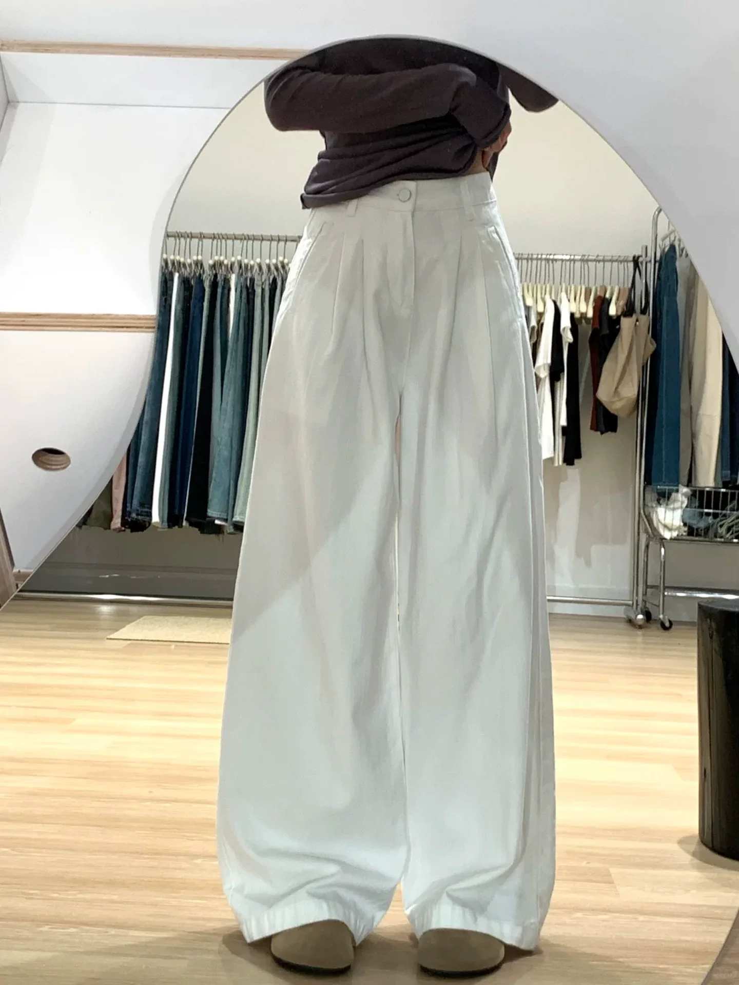 Quần jeans trắng ống rộng nữ, thu đông 2025, size lớn, dành cho phụ nữ mũm mĩm có hông rộng và đùi dày, cạp cao, dáng rộng, tôn dáng, quần dài ống rộng.