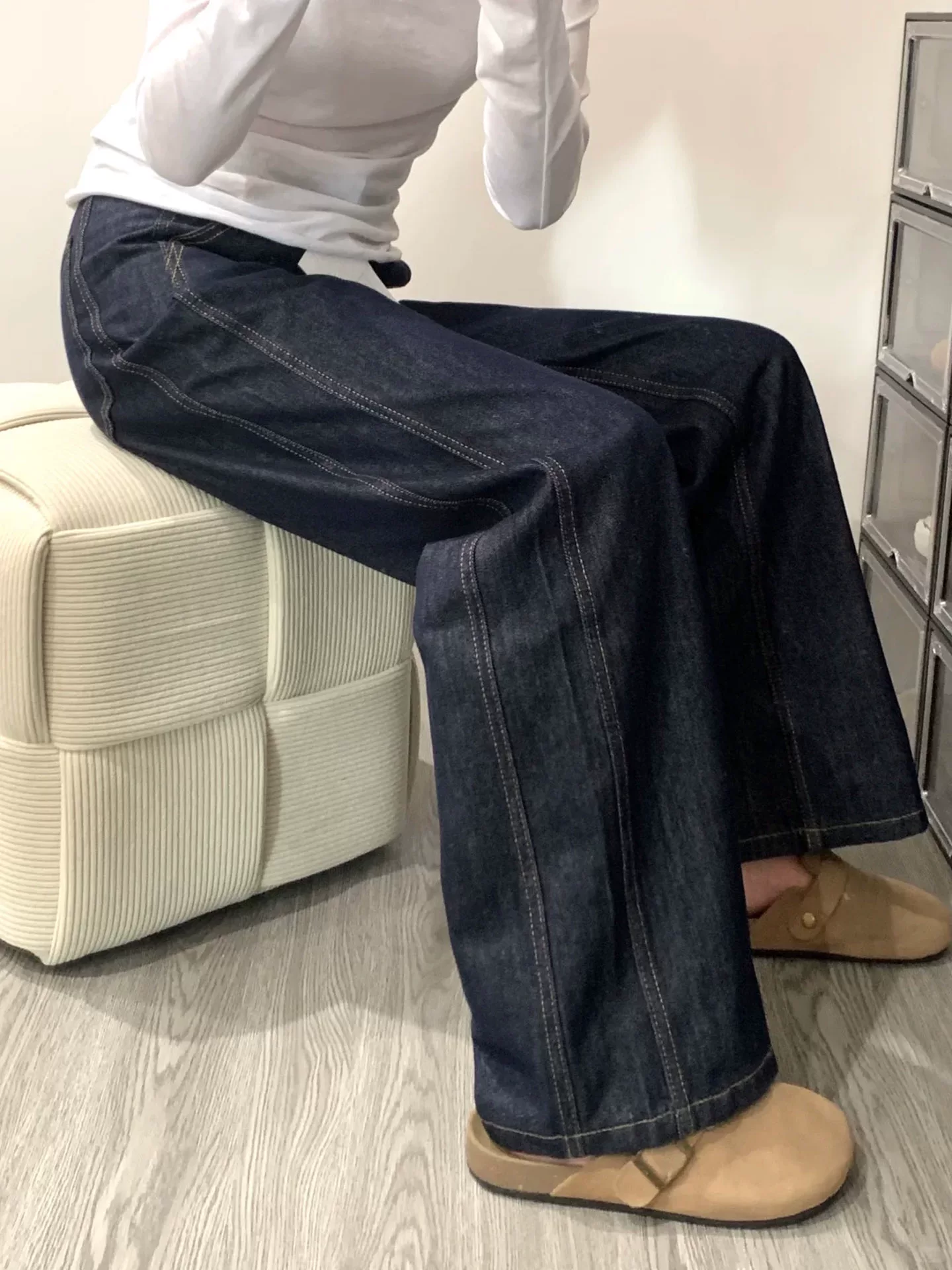 Quần jean ống đứng màu xanh đậm dành cho nữ, đầu thu, cỡ lớn, lưng cao, che hông, giảm béo, dáng quả lê, quần ống rộng hẹp