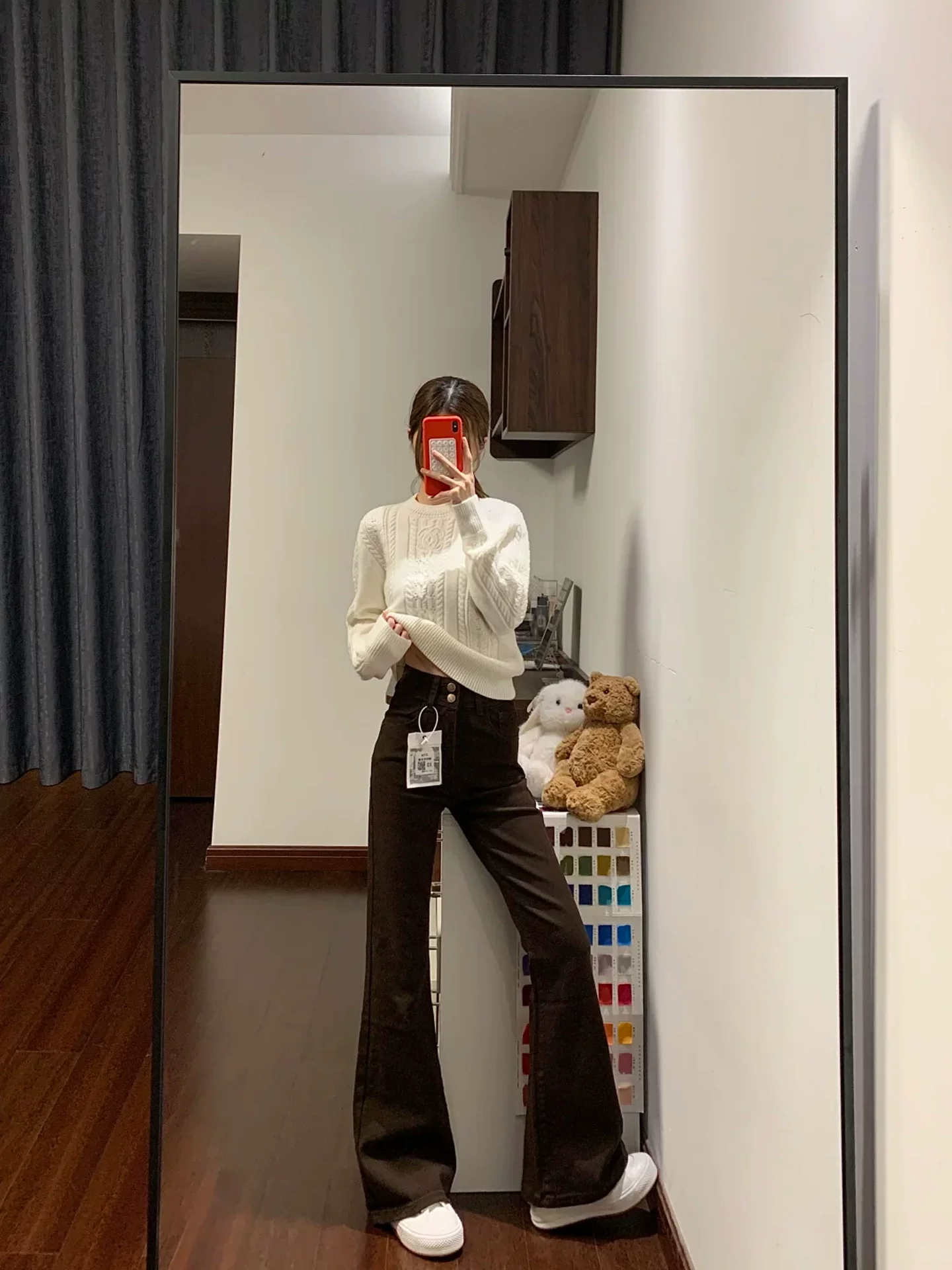 Quần jean ống loe màu cà phê Melard dành cho nữ, mùa thu đông, cỡ lớn, lưng cao, che bụng, giảm béo, quần ống loe lót lông cừu.