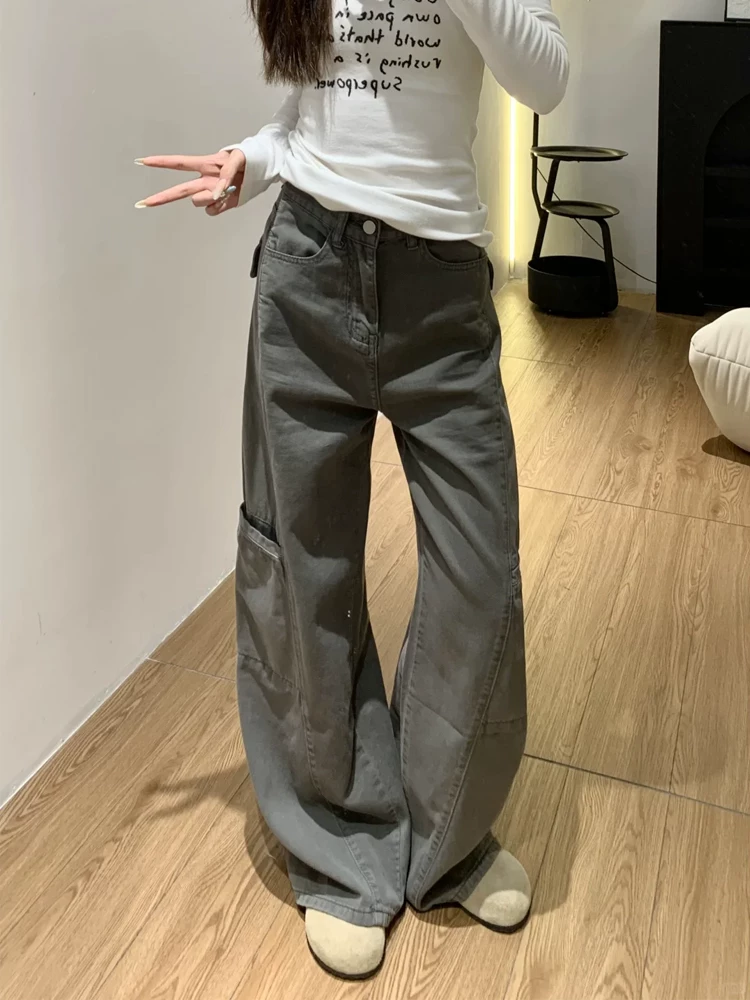 Quần jeans công sở màu xám đậm kiểu Mỹ dành cho nữ, xuân 2025, size lớn, cạp cao, dáng rộng, tôn dáng, ống thẳng, ống rộng