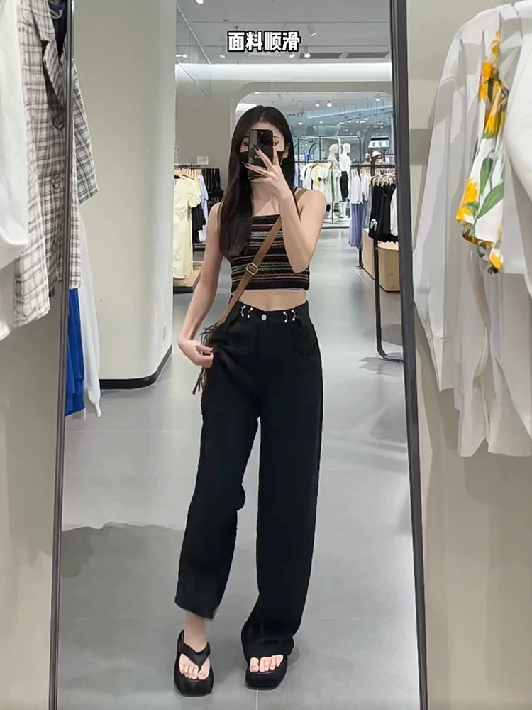 Quần jean Tencel đen dành cho nữ, kiểu dáng mỏng mùa hè, cỡ lớn, lưng cao, dáng rộng, mềm mại, tôn dáng, dáng quả lê, quần ống rộng