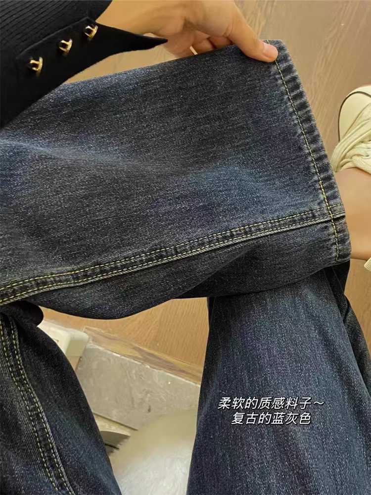 Quần jean ống thẳng thiết kế dáng quả lê dành cho nữ, cỡ lớn, lót lông cừu mùa thu đông, cạp cao, dáng rộng, quần ống rộng giảm béo