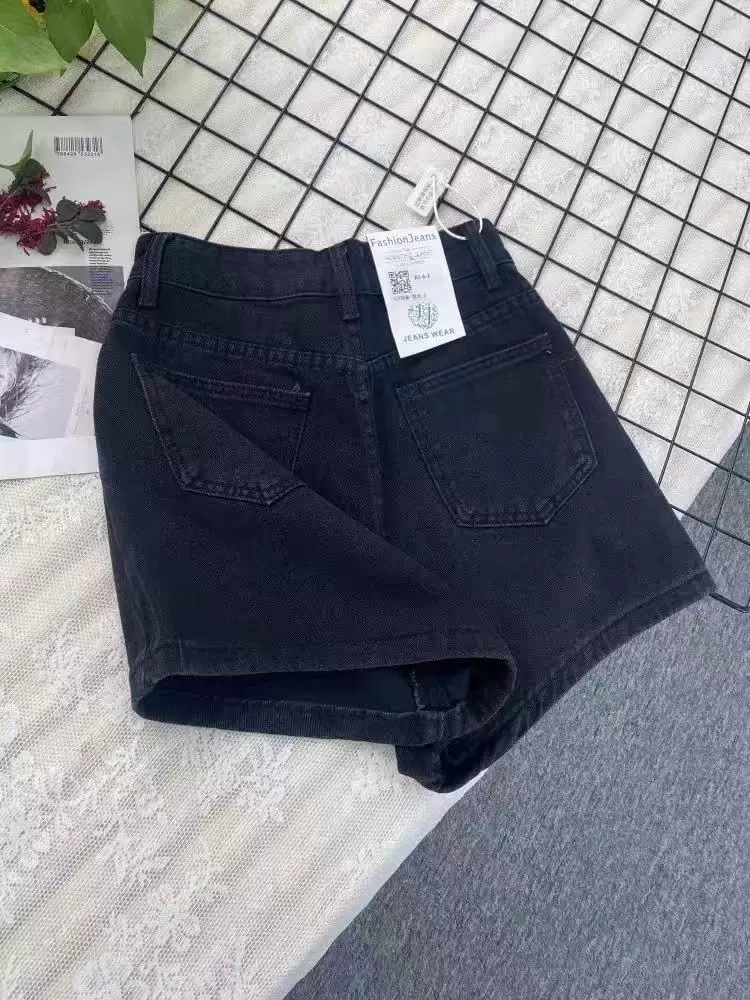 Quần short denim đen cho nữ, cỡ lớn mùa hè, lưng cao, che hông, giảm béo, dáng quả lê, quần ống rộng chữ A