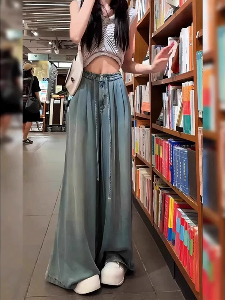 Quần jean ống rộng Tencel dành cho nữ, cỡ lớn mùa hè, lưng cao, dáng rộng, mềm mại, tôn dáng, dành cho người có dáng quả lê, quần dài chạm sàn