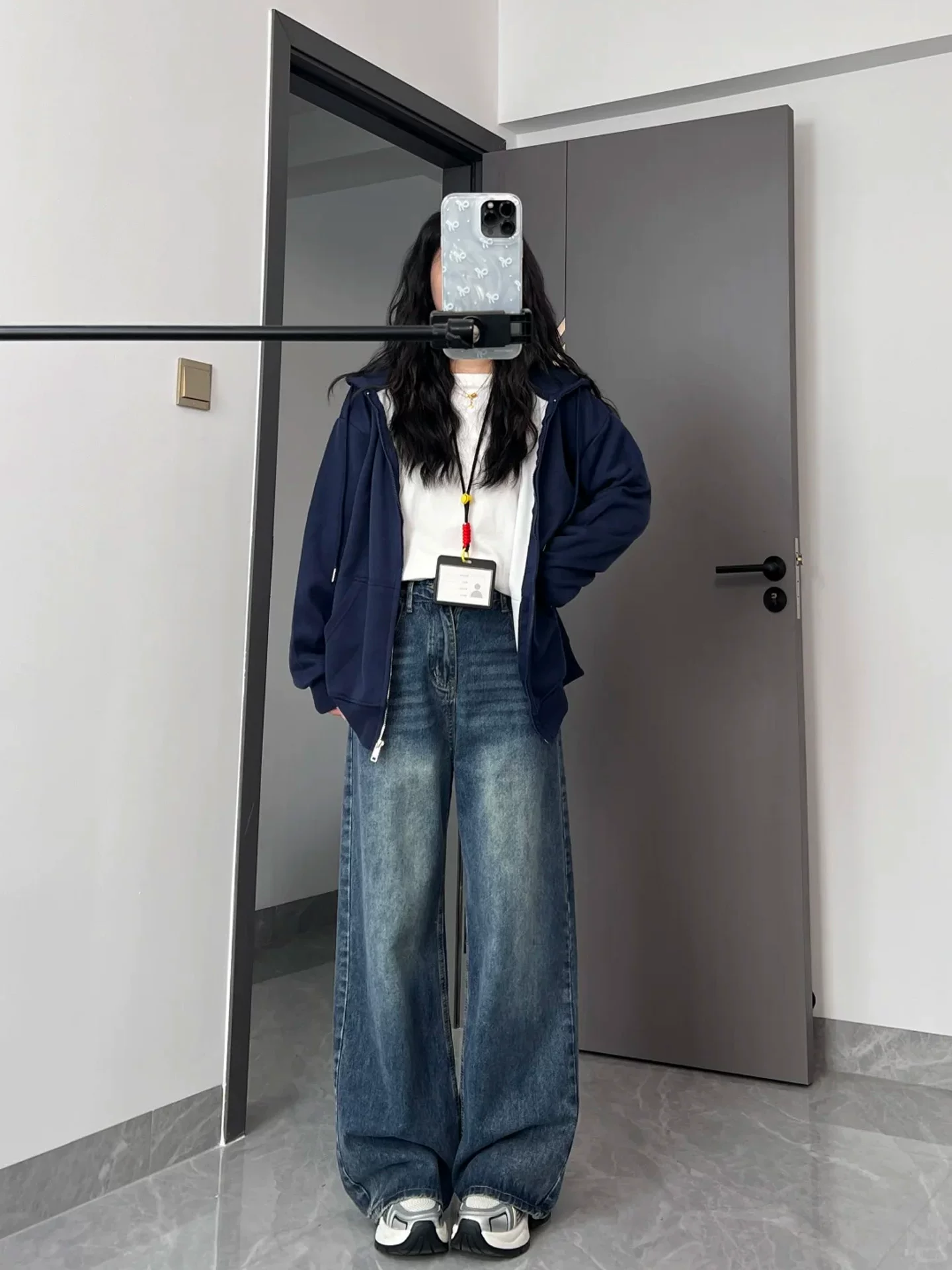 Quần jean ống rộng lưng cao màu xanh cổ điển dành cho nữ, mùa thu đông, lót lông cừu, cỡ lớn, dáng rộng cho người có thân hình quả lê, quần dài ống thẳng