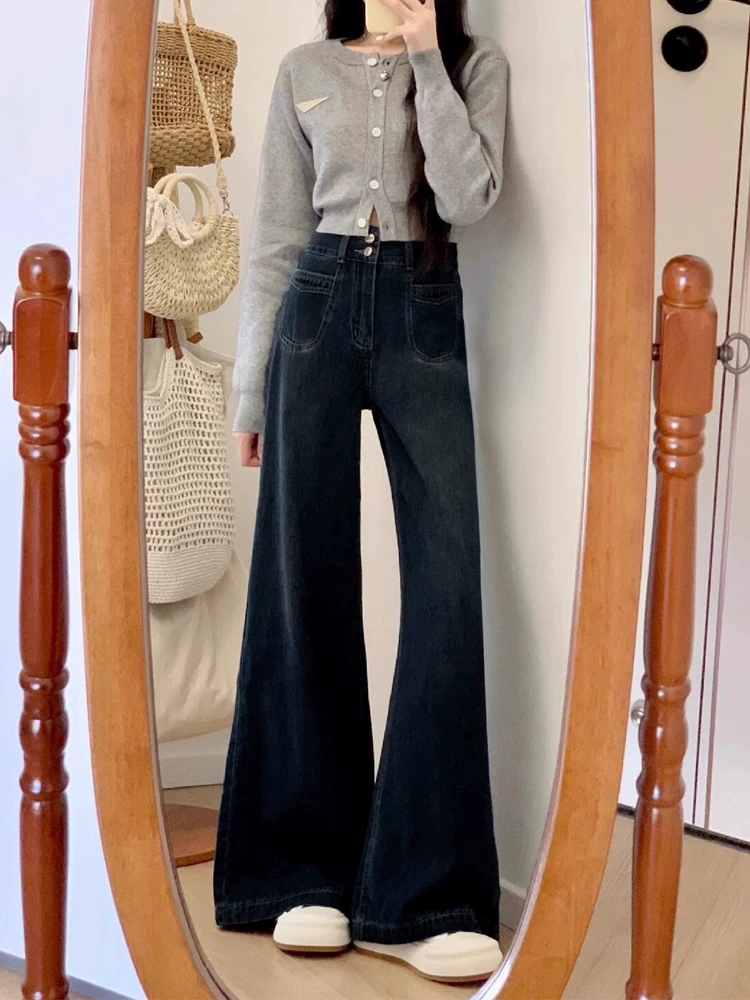 Quần jeans ống đứng nữ thu đông 2025, size lớn, cạp cao, dáng rộng, tôn dáng, dành cho người có thân hình quả lê, quần ống rộng dài chấm đất