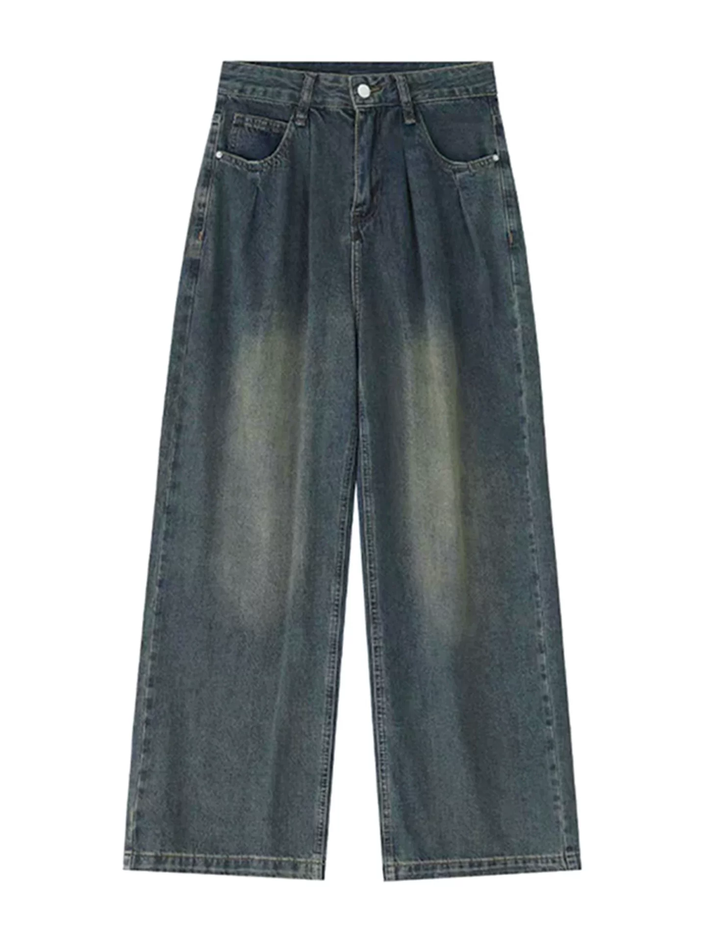 Quần jean ống rộng màu xanh đất nâu cổ điển dày dặn lót lông cừu dành cho nữ, mùa thu đông, cỡ lớn, cạp cao, dáng rộng, quần ống thẳng giúp thon gọn.