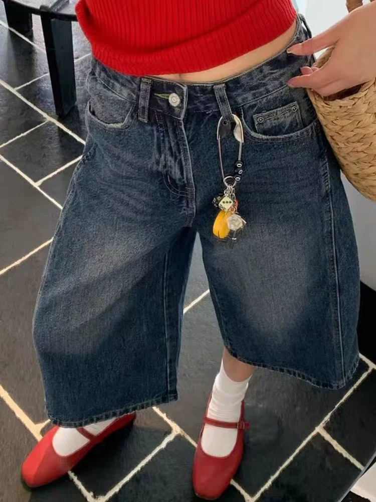 Quần jeans nữ kiểu Mỹ cổ điển, dáng lửng, mùa hè 2025, size lớn, cạp cao, rộng rãi, tôn dáng, ống rộng