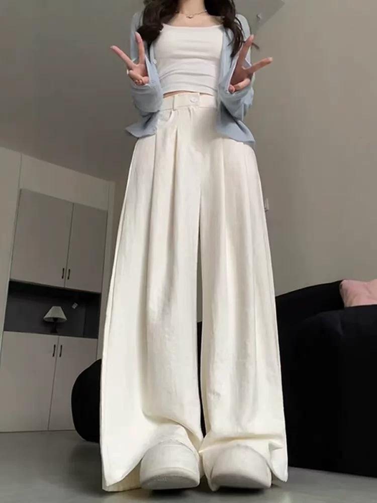 Quần Yamamoto màu trắng dành cho nữ, kiểu dáng mỏng mùa hè, cỡ lớn, lưng cao, dáng suôn, tôn dáng, dáng quả lê, quần dài ống rộng thường ngày.