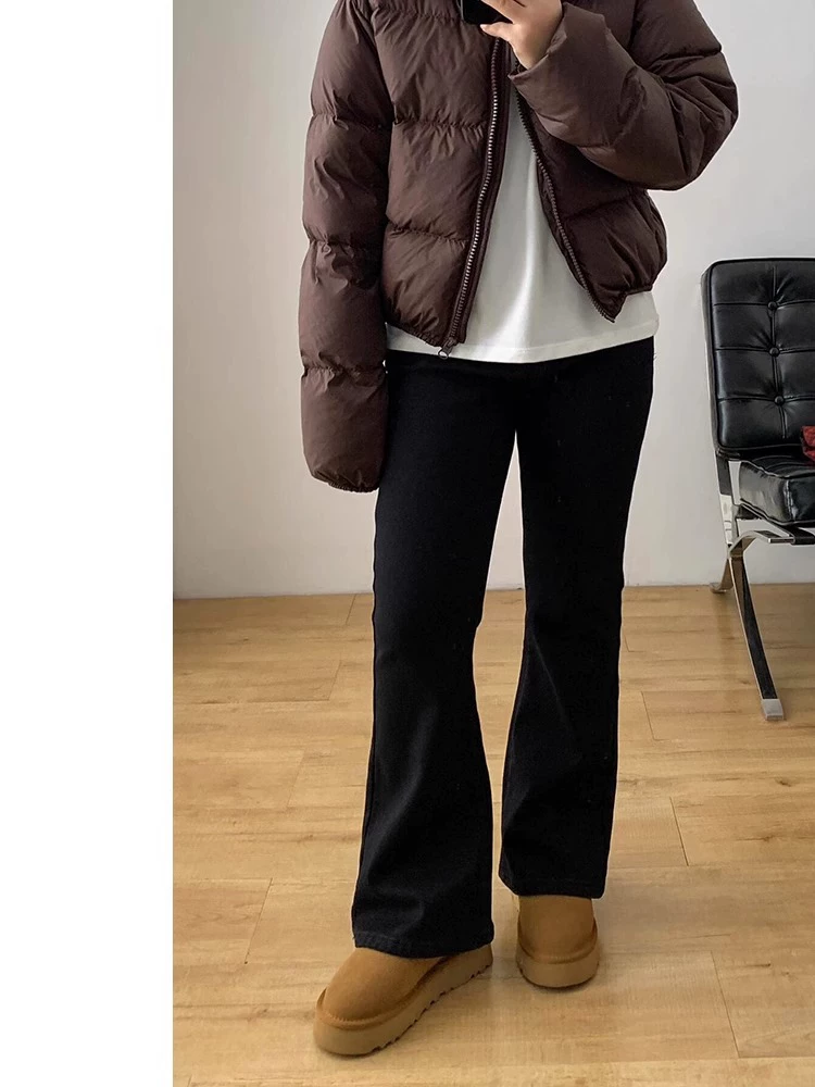 Quần jean ống loe cho nữ, mùa thu đông, lót lông cừu, cỡ lớn, lưng cao, giảm béo, dáng quả lê, phong cách đầu xuân, quần ống loe co giãn