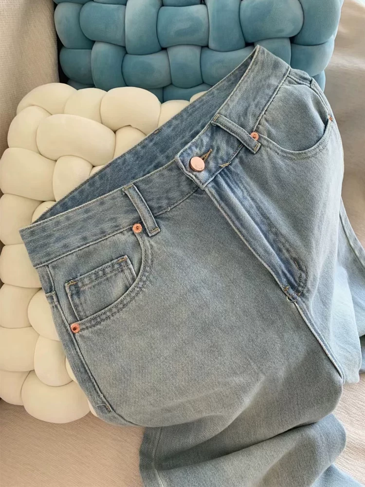 Quần jean ống đứng màu xanh nhạt dành cho nữ, size lớn mùa hè, cạp cao, dáng rộng, tôn dáng, chất liệu Tencel mềm mại, quần dài ống rộng