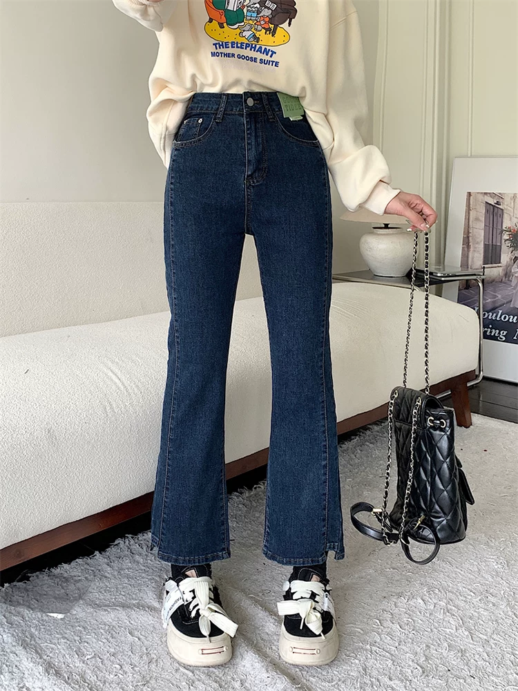 Quần jean dáng chuông nhỏ nhắn dành cho mùa thu đông, lót lông cừu, hơi mũm mĩm, cạp cao, che hông, quần ống đứng tôn dáng