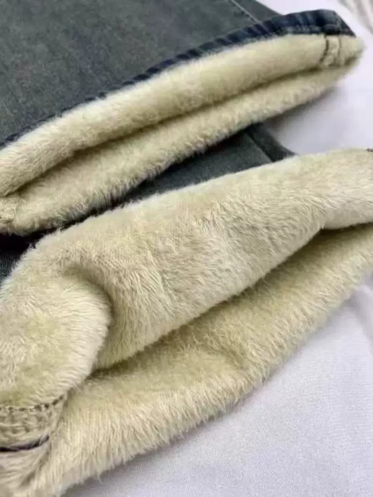 Quần jean ống loe lót lông cừu thêu Dachshund dành cho nữ, mùa thu đông, cỡ lớn, lưng cao, co giãn, che hông, quần ống loe giảm béo