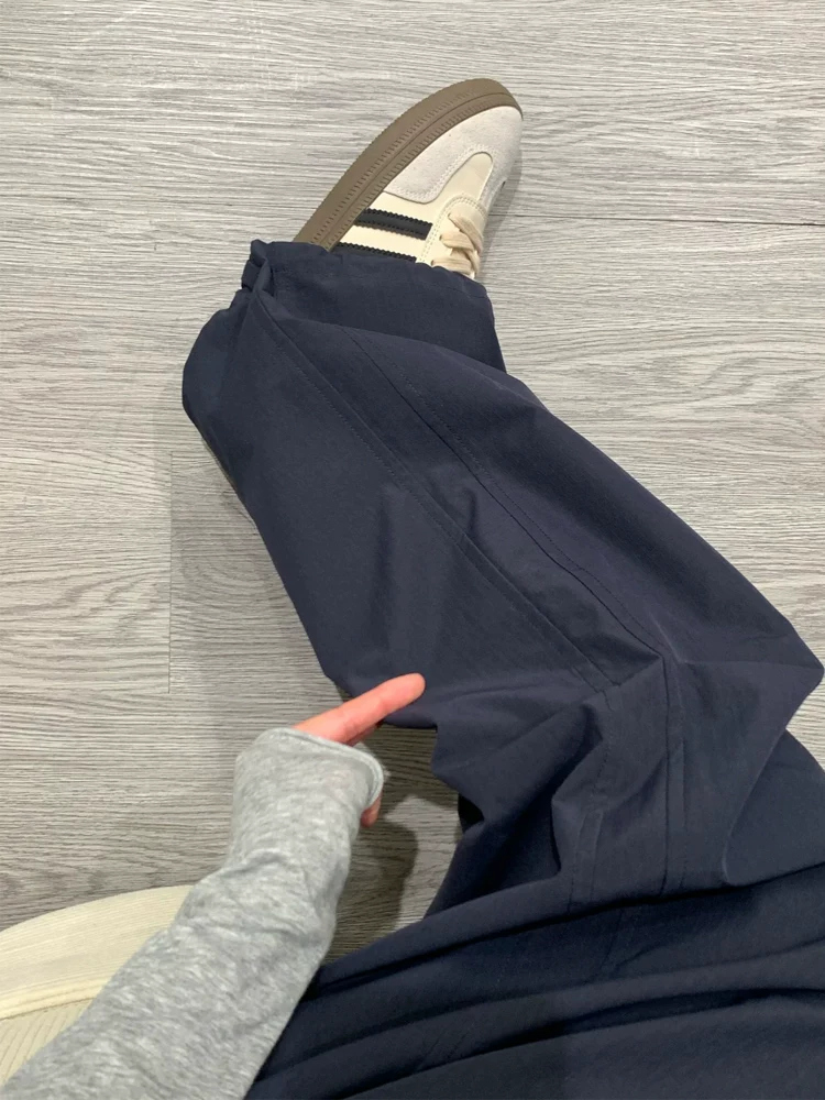 Quần cargo màu xanh hải quân dành cho nữ, mùa thu, cỡ lớn, lưng cao, dáng rộng, giảm béo, dáng quả lê, quần ống rộng thể thao thông thường