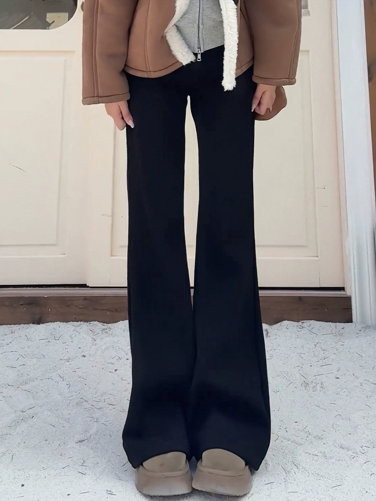 Quần ống loe màu đen dành cho nữ, mùa thu đông, cỡ lớn, lưng cao, co giãn, giảm béo, lót lông cừu, dày dặn, quần denim ống loe