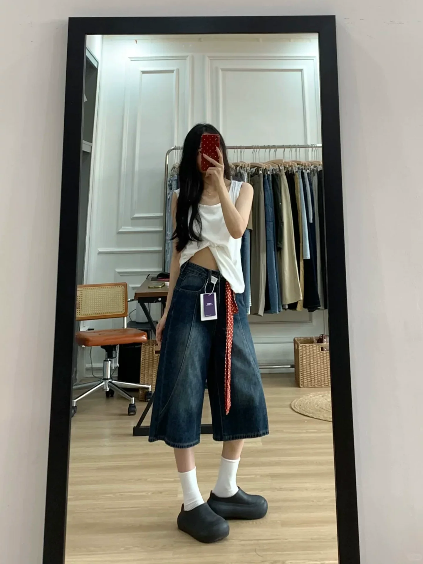 Quần ống rộng màu xanh đậm dành cho nữ, phong cách mùa hè, cỡ lớn, lưng cao, che hông, giảm béo, dáng quả lê, quần denim dài vừa phải.