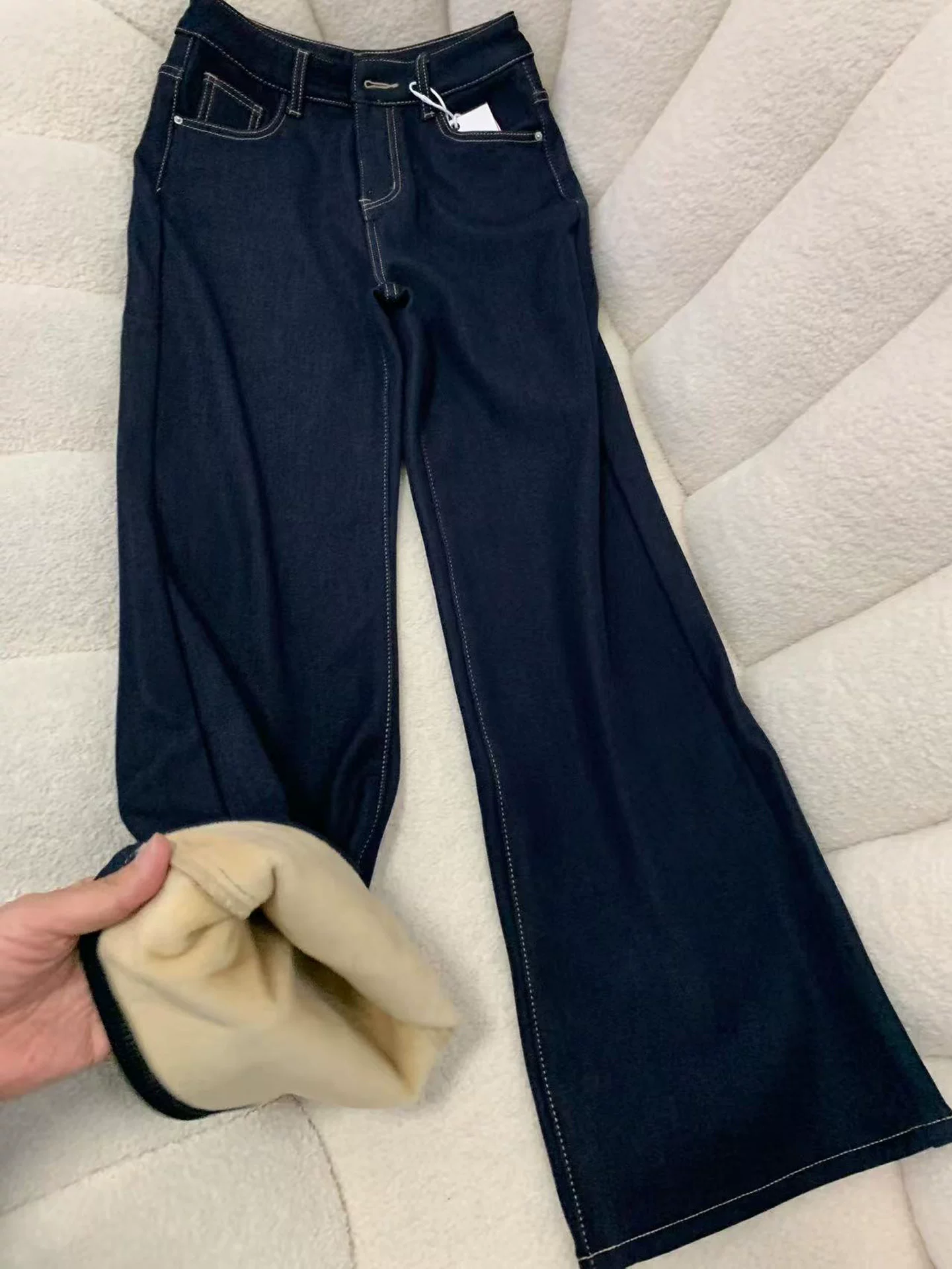 Quần jean ống loe lót lông màu xanh đậm dành cho nữ, mùa thu đông, cỡ lớn, lưng cao, dáng suôn, tôn dáng, không bó sát, quần ống chuông