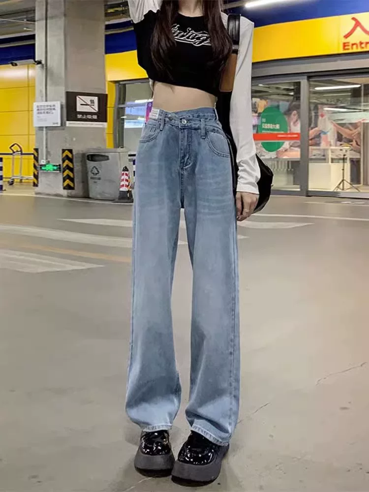 Quần jean ống thẳng màu xanh nhạt dành cho nữ có thân hình hình quả lê, đầu thu, cỡ lớn, cạp cao, quần ống rộng thon gọn