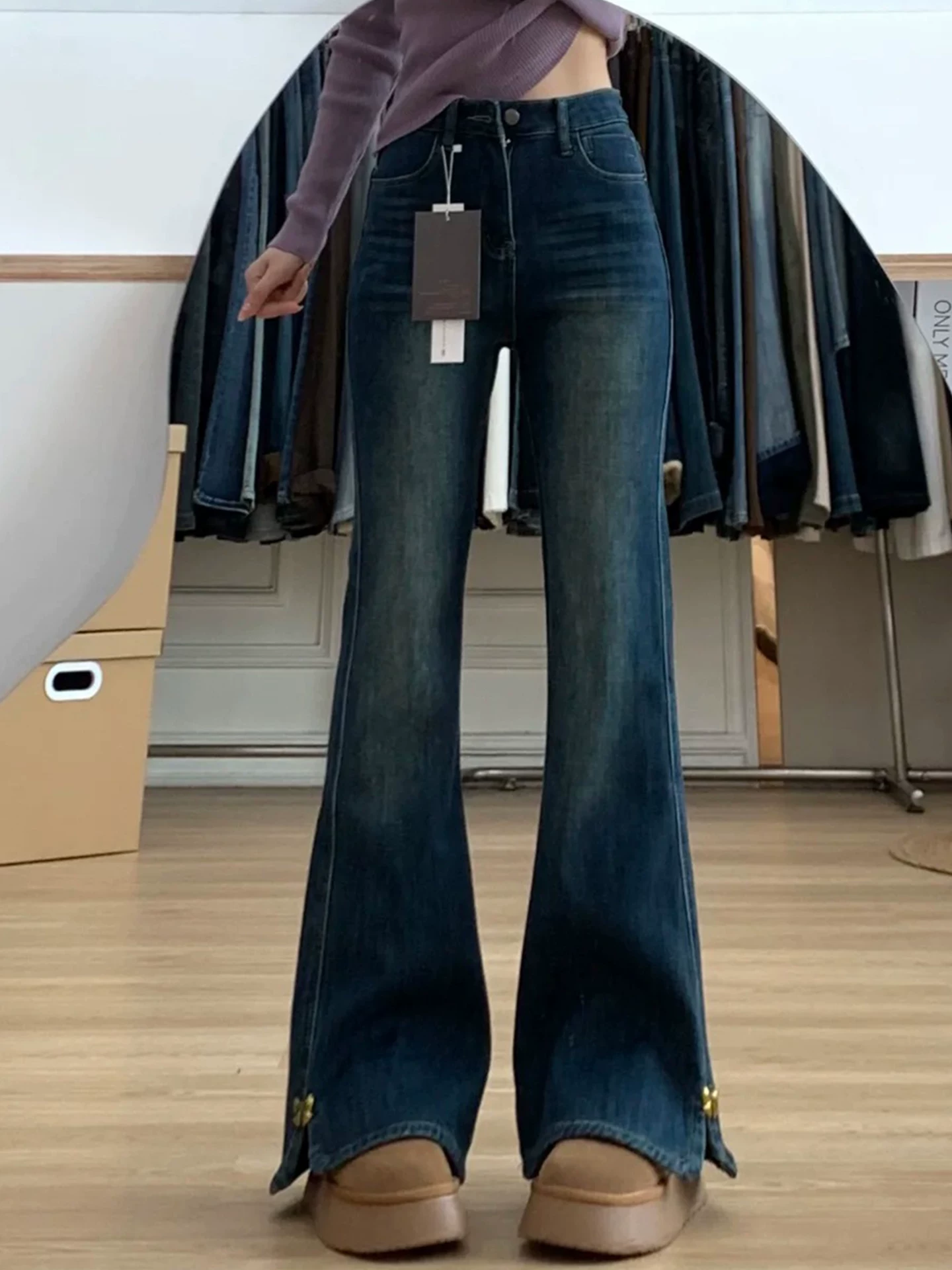 Quần jean ống loe cổ điển dành cho nữ, lót lông cừu mùa đông, dày, cỡ lớn, cạp cao, co giãn, không bó sát, quần ống chuông.