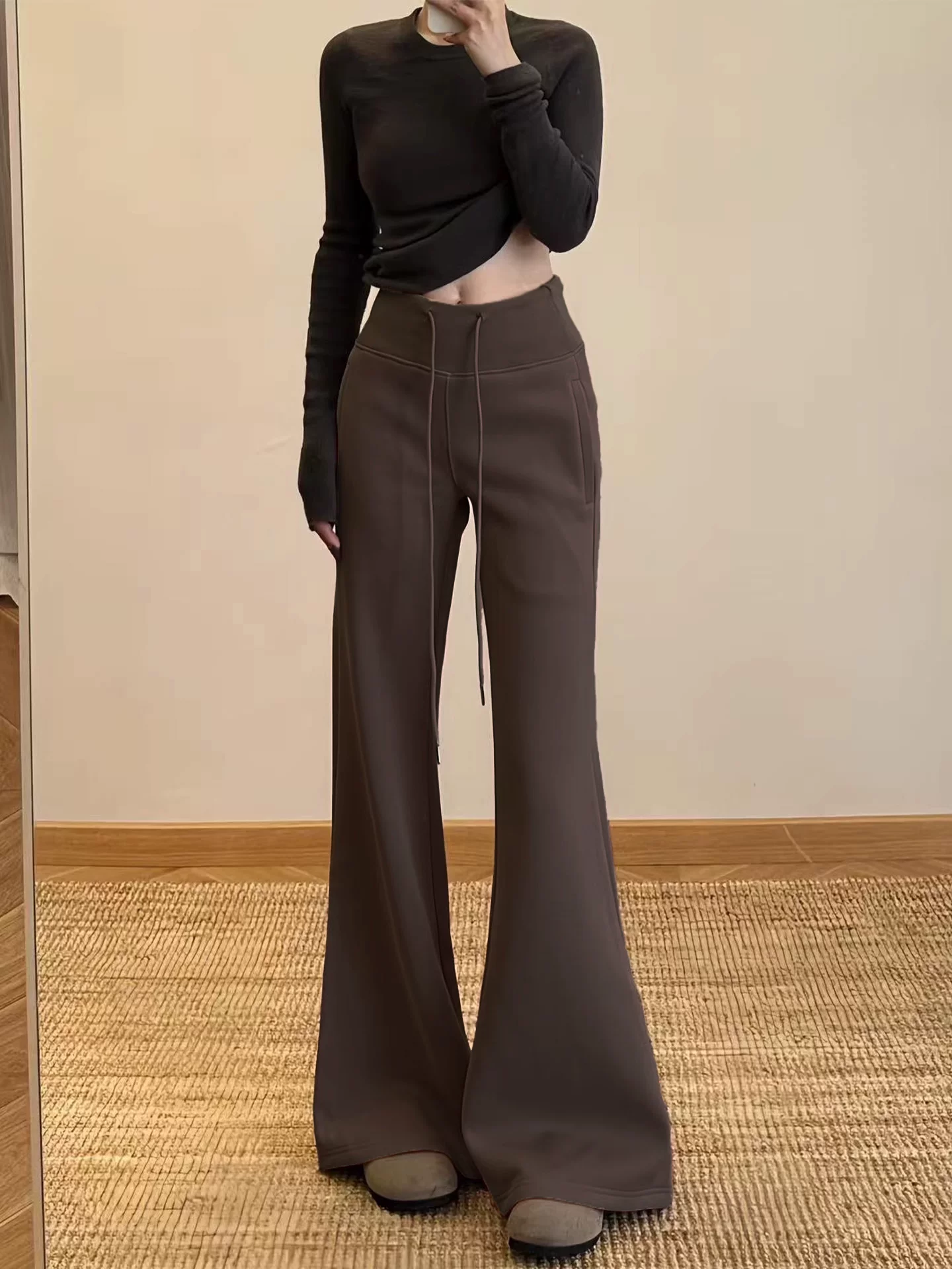 Quần ống loe lưng cao màu cà phê Melard lulu dành cho nữ, mùa thu đông, cỡ lớn, dáng suôn, quần ống loe