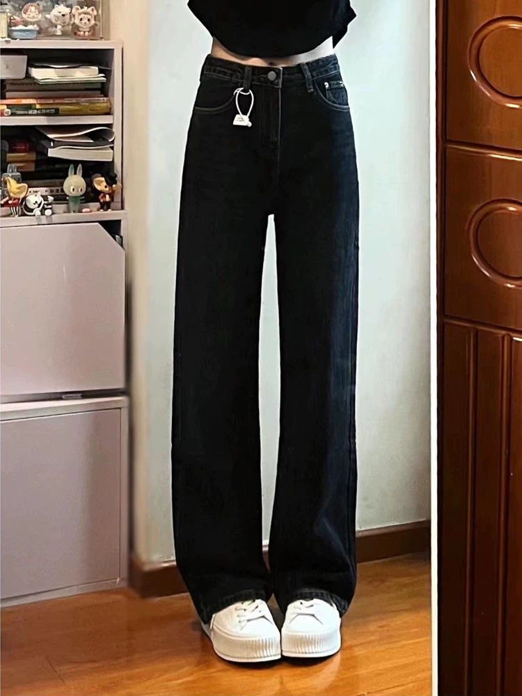 Quần jean ống thẳng dáng quả lê dành cho nữ, cỡ lớn, phong cách mới đầu thu, lưng cao, dáng rộng, dáng suông, quần dài đến sàn