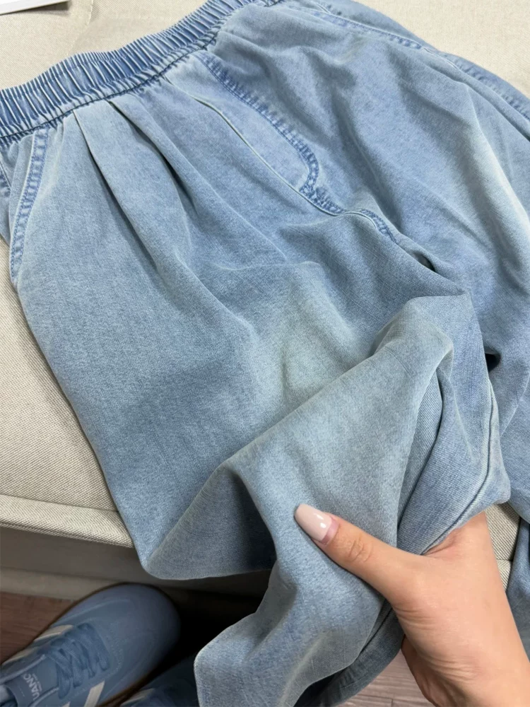 Quần jean ống thẳng Tencel màu xanh nhạt dành cho nữ, kiểu dáng mỏng mùa hè, cỡ lớn, lưng cao, dáng rộng, suôn mềm, quần ống rộng giúp thon gọn.