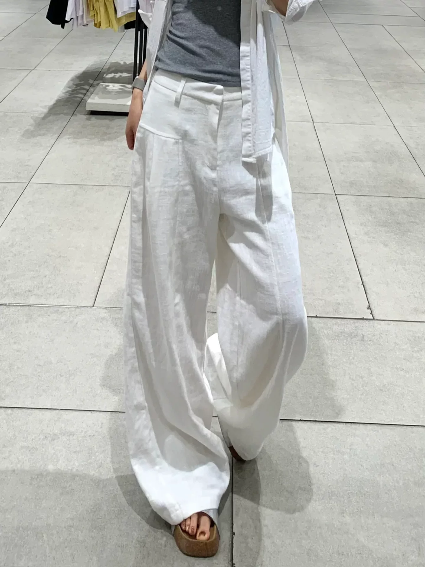 Quần vải lanh trắng kiểu tiền cổ điển dành cho nữ, size lớn mùa hè, cạp cao, chất liệu mềm mại, tôn dáng, quần ống rộng dáng thẳng.