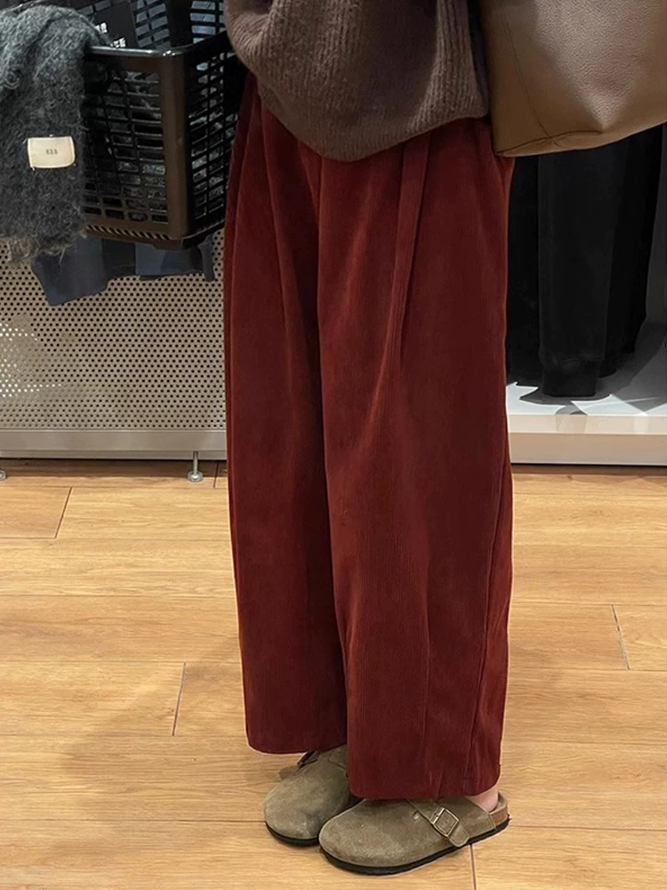 Quần ống đứng kiểu Nhật dành cho nữ, mùa thu đông, lót lông cừu, cỡ lớn, lưng cao, dáng rộng, dáng suông, giảm béo, vải nhung, quần ống rộng ngắn